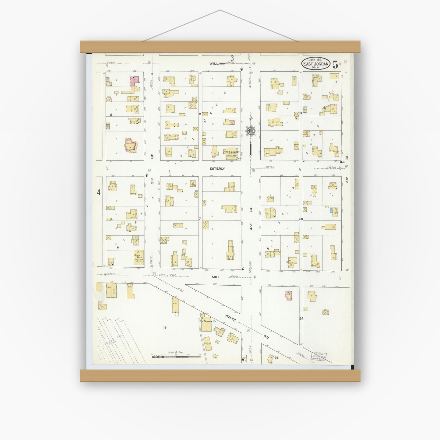 Old map wall art mockup — magnetic wood frame on white wall — Sanborn Fire Insurance Map from East Jordan, Charlevoix County, Michigan (1912), Sheet #0005