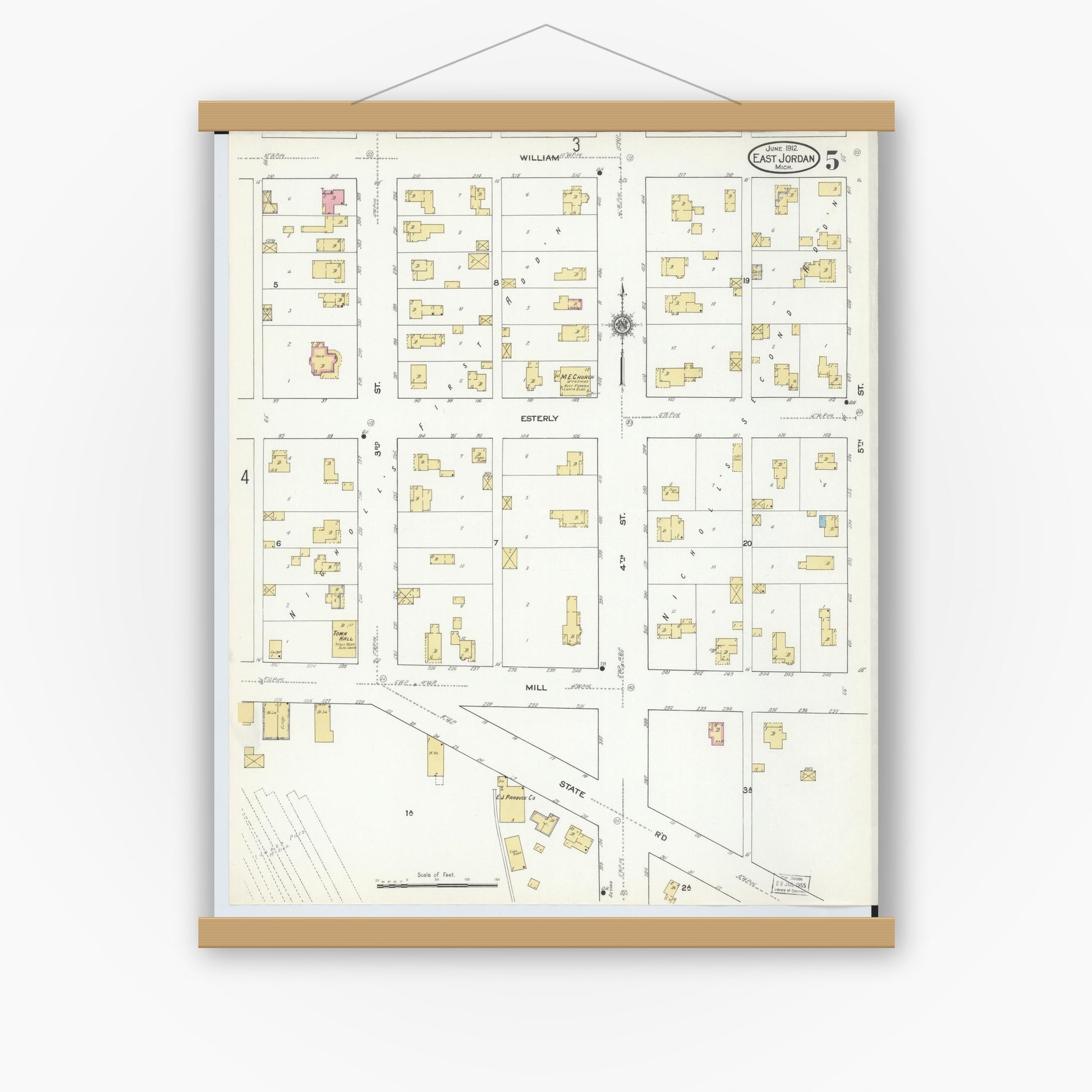 Old map wall art mockup — magnetic wood frame on white wall — Sanborn Fire Insurance Map from East Jordan, Charlevoix County, Michigan (1912), Sheet #0005