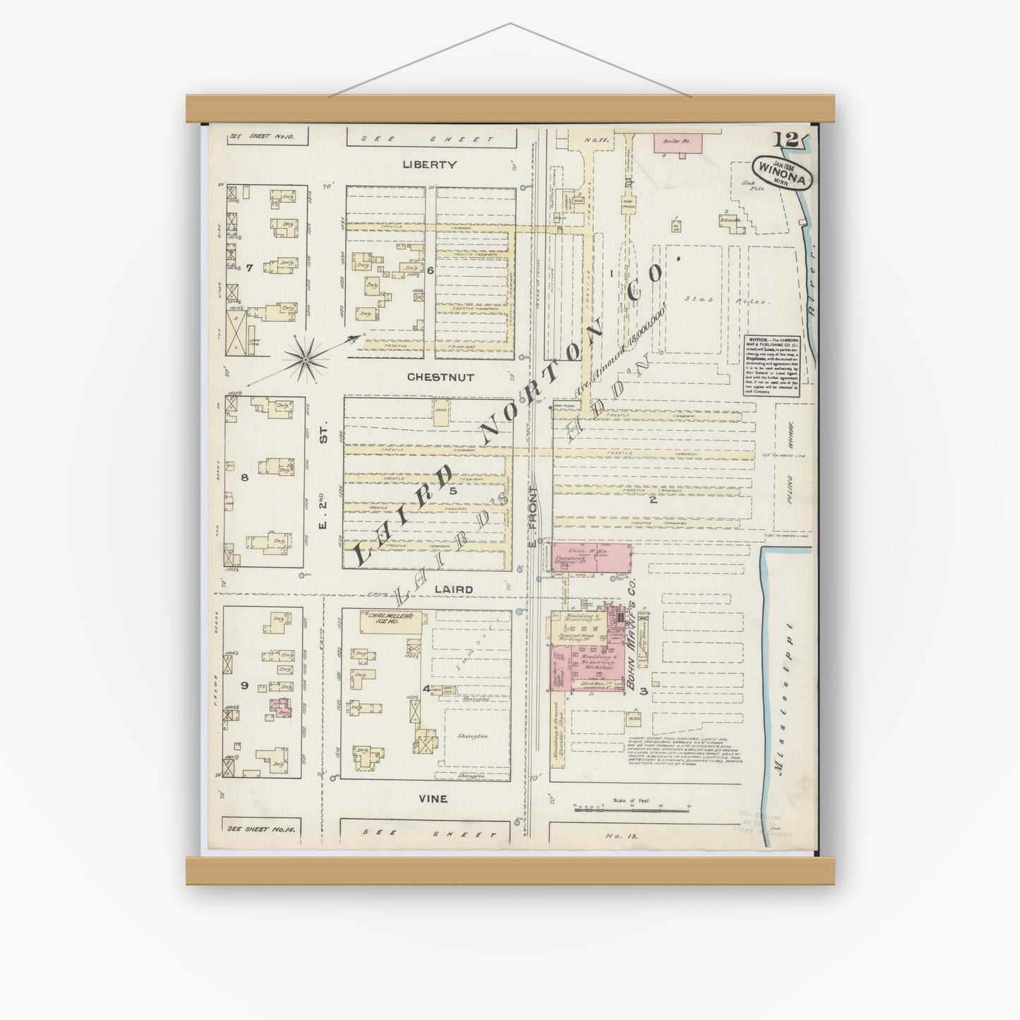 Old map wall art mockup — magnetic wood frame on white wall — Sanborn Fire Insurance Map from Winona, Winona County, Minnesota (1884), Sheet #0012