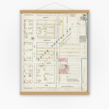 Old map wall art mockup — magnetic wood frame on white wall — Sanborn Fire Insurance Map from Winona, Winona County, Minnesota (1884), Sheet #0012