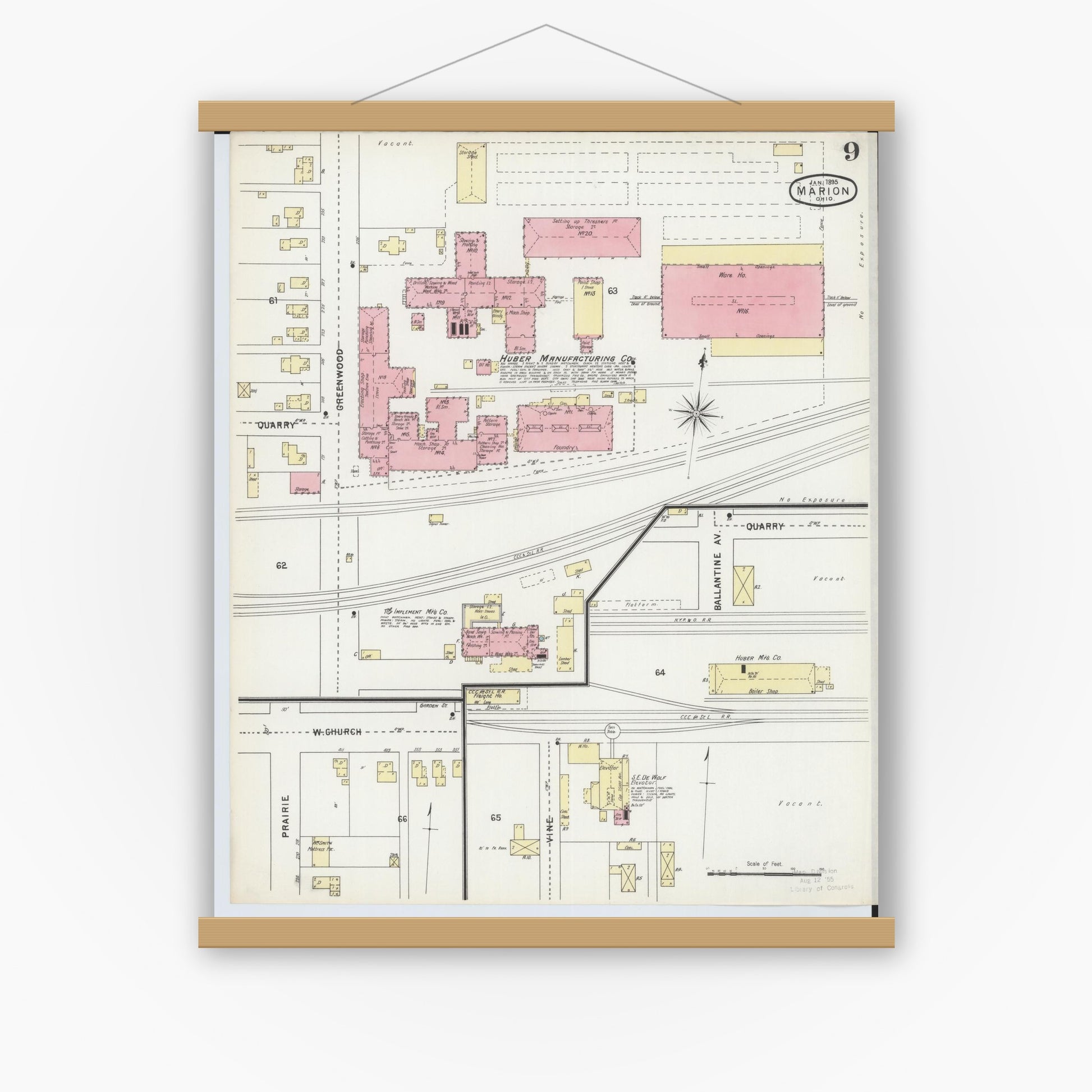Old map wall art mockup — magnetic wood frame on white wall — Sanborn Fire Insurance Map from Marion, Marion County, Ohio (1895), Sheet #0009