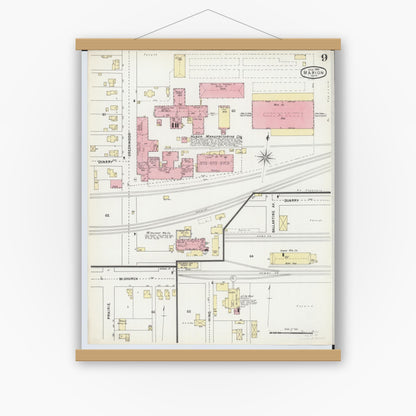 Old map wall art mockup — magnetic wood frame on white wall — Sanborn Fire Insurance Map from Marion, Marion County, Ohio (1895), Sheet #0009