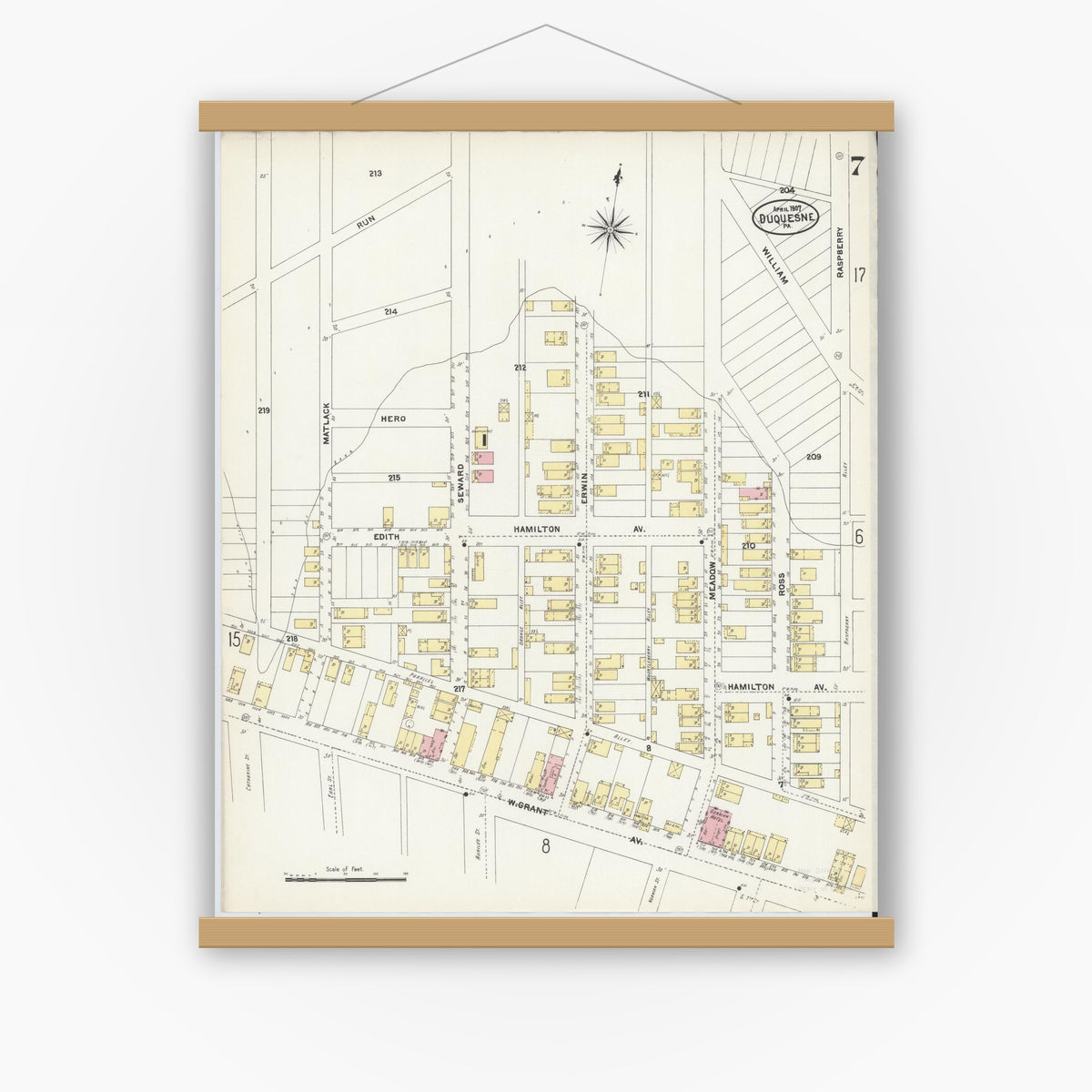 Old map wall art mockup — magnetic wood frame on white wall — Sanborn Fire Insurance Map from Duquesne, Allegheny County, Pennsylvania (1907), Sheet #0007