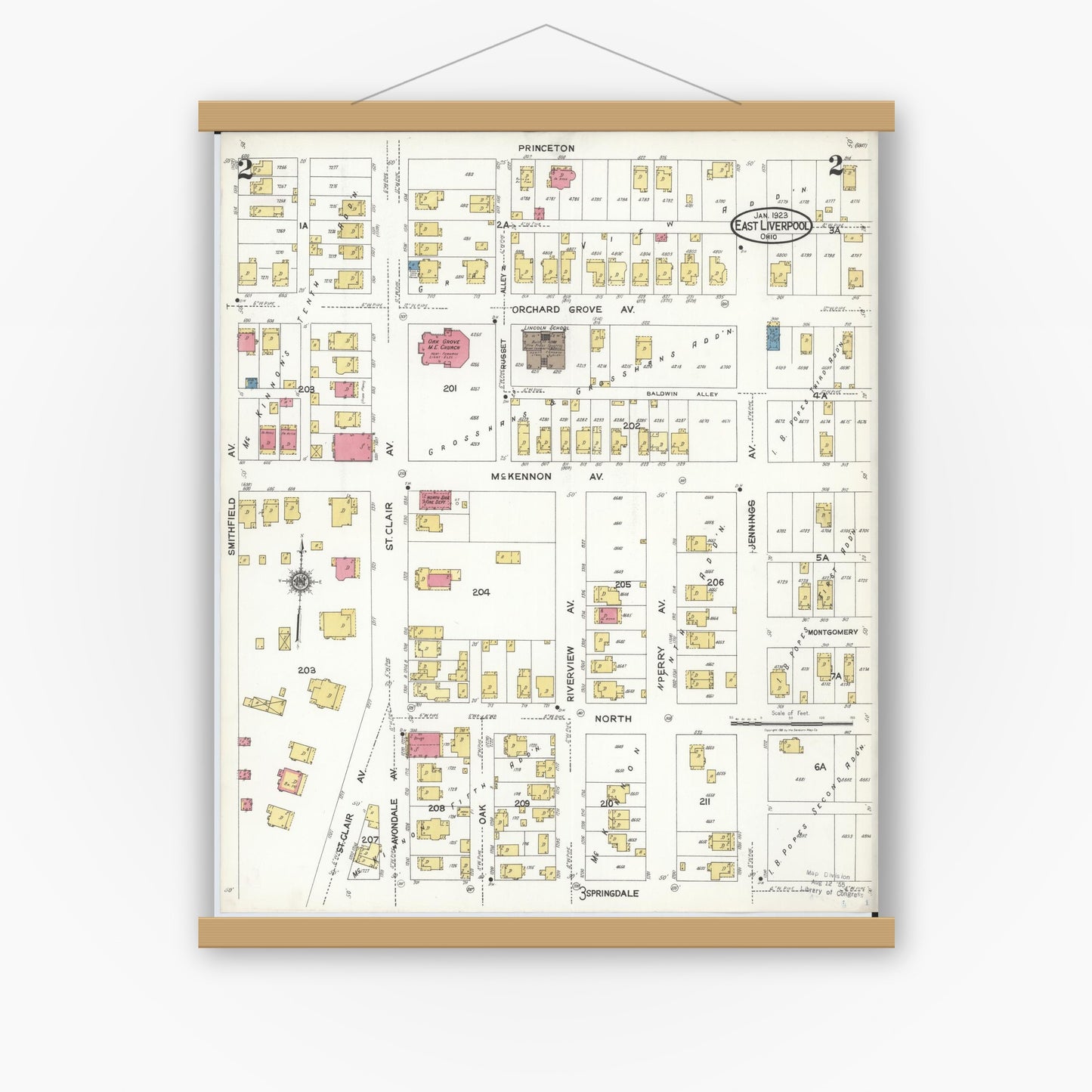 Old map wall art mockup — magnetic wood frame on white wall — Sanborn Fire Insurance Map from East Liverpool, Columbiana County, Ohio (1923), Sheet #0002