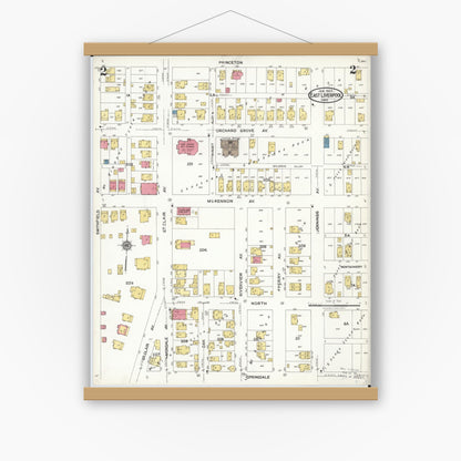 Old map wall art mockup — magnetic wood frame on white wall — Sanborn Fire Insurance Map from East Liverpool, Columbiana County, Ohio (1923), Sheet #0002