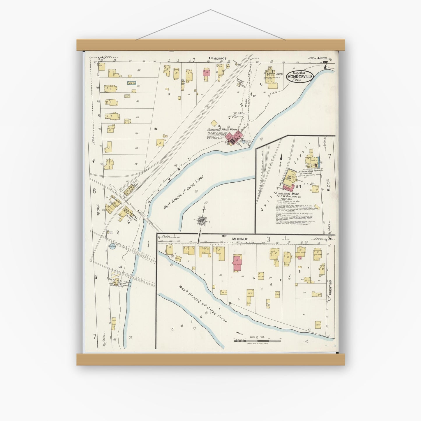 Old map wall art mockup — magnetic wood frame on white wall — Sanborn Fire Insurance Map from Monroeville, Huron County, Ohio (1922), Sheet #0007