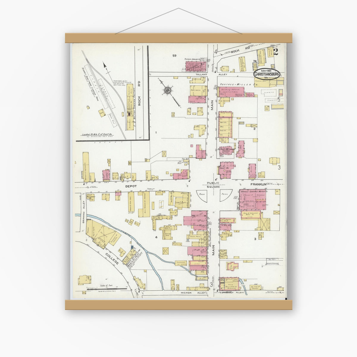 Old map wall art mockup — magnetic wood frame on white wall — Sanborn Fire Insurance Map from Christiansburg, Montgomery County, Virginia (1921), Sheet #0002