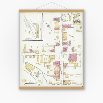 Old map wall art mockup — magnetic wood frame on white wall — Sanborn Fire Insurance Map from Christiansburg, Montgomery County, Virginia (1921), Sheet #0002
