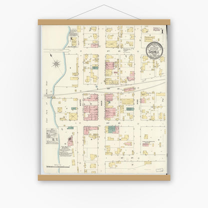 Old map wall art mockup — magnetic wood frame on white wall — Sanborn Fire Insurance Map from Shoals, Martin County, Indiana (1909) - Complete Map Set