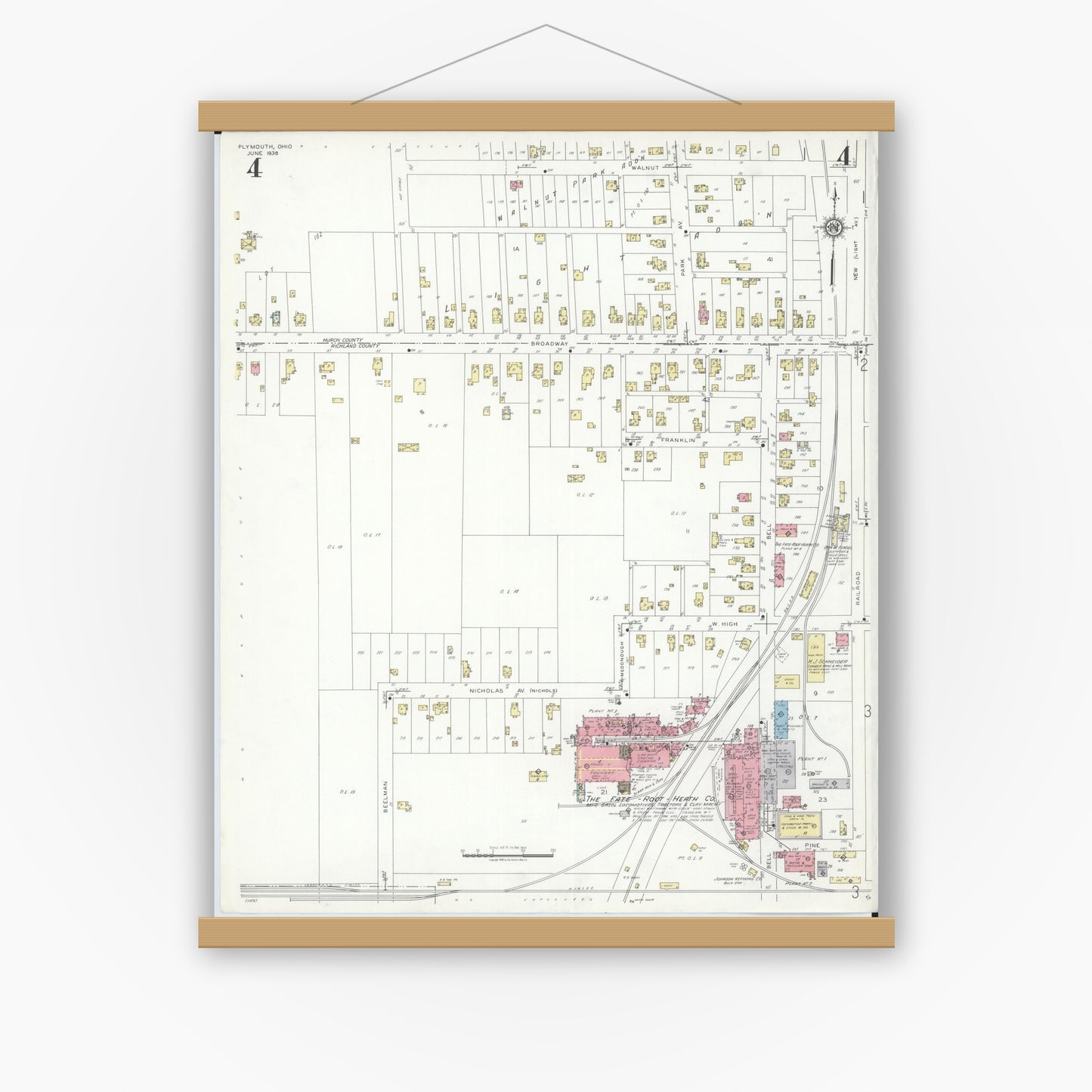 Old map wall art mockup — magnetic wood frame on white wall — Sanborn Fire Insurance Map from Plymouth, Huron And Richland Counties, Ohio (1938), Sheet #0004