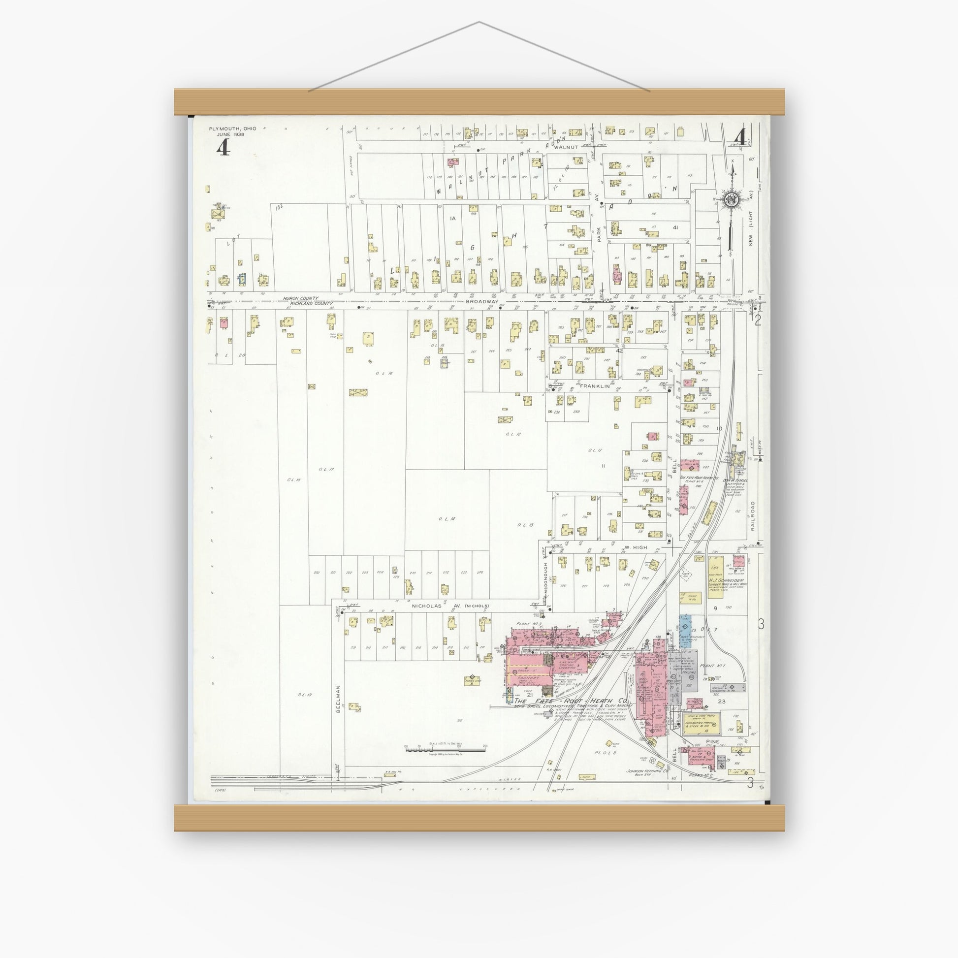Old map wall art mockup — magnetic wood frame on white wall — Sanborn Fire Insurance Map from Plymouth, Huron And Richland Counties, Ohio (1938), Sheet #0004