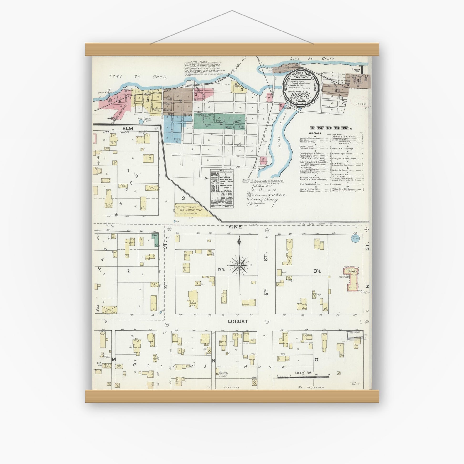Old map wall art mockup — magnetic wood frame on white wall — Sanborn Fire Insurance Map from Hudson, St. Croix County, Wisconsin (1891) - Complete Map Set