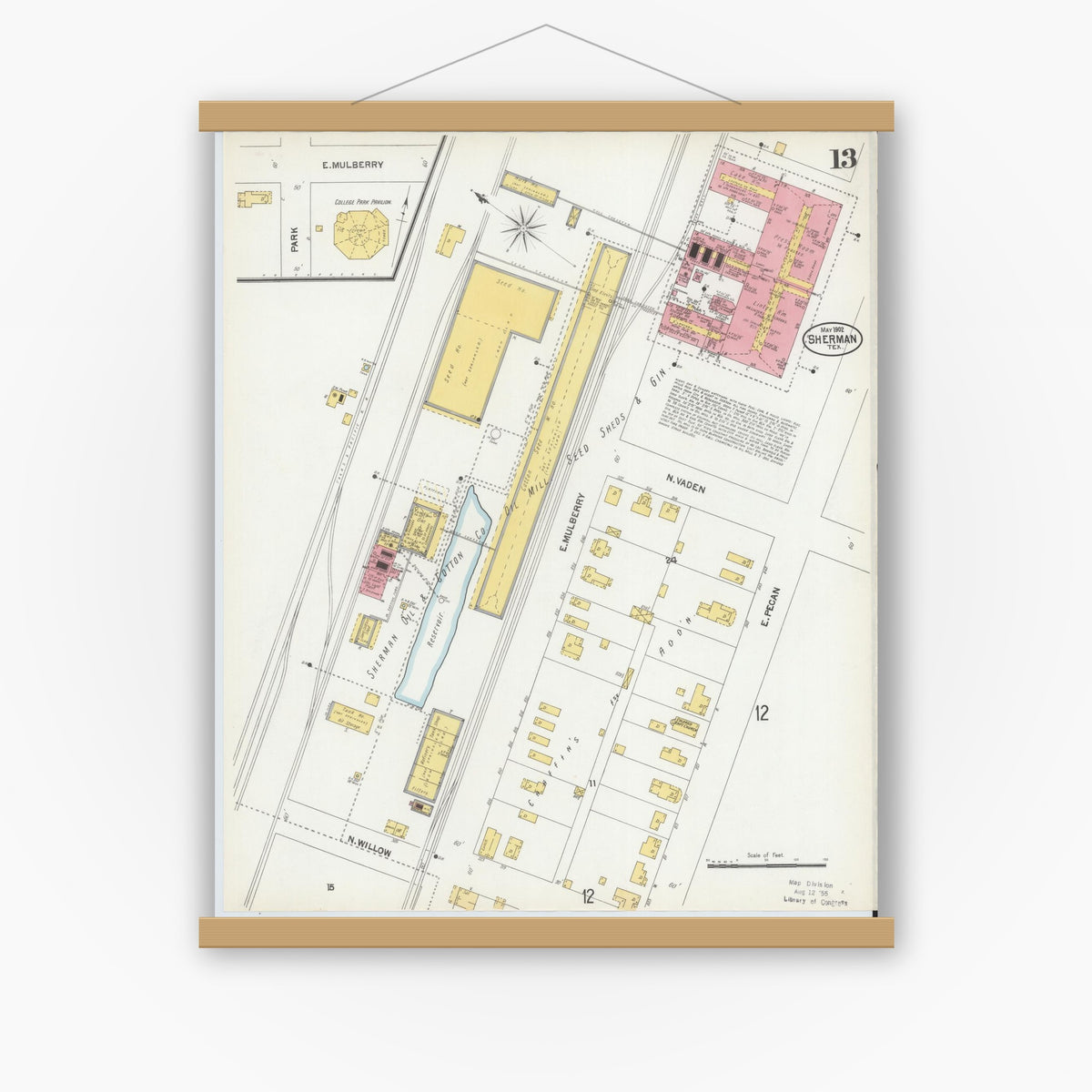 Old map wall art mockup — magnetic wood frame on white wall — Sanborn Fire Insurance Map from Sherman, Grayson County, Texas (1902), Sheet #0013