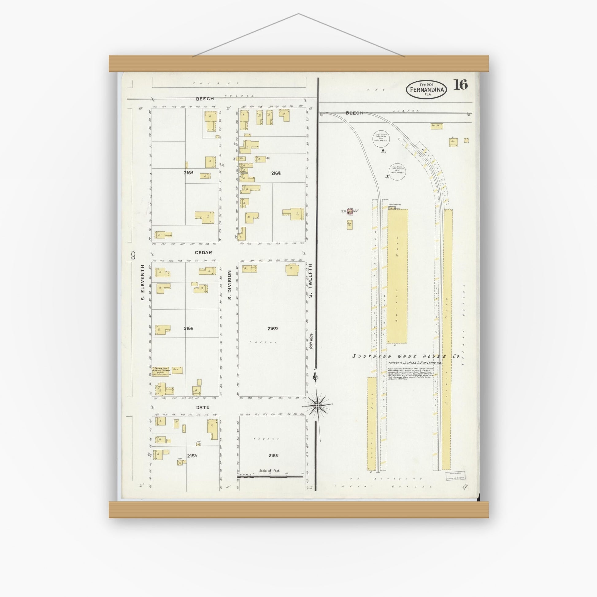Old map wall art mockup — magnetic wood frame on white wall — Sanborn Fire Insurance Map from Fernandina, Nassau County, Florida (1909), Sheet #0016