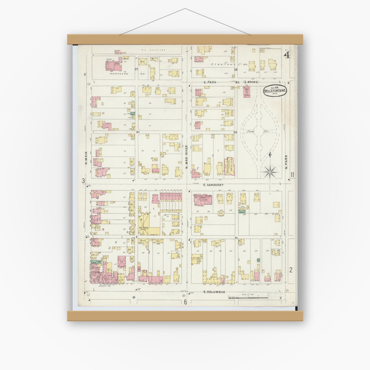 Old map wall art mockup — magnetic wood frame on white wall — Sanborn Fire Insurance Map from Bellefontaine, Logan County, Ohio (1896), Sheet #0004