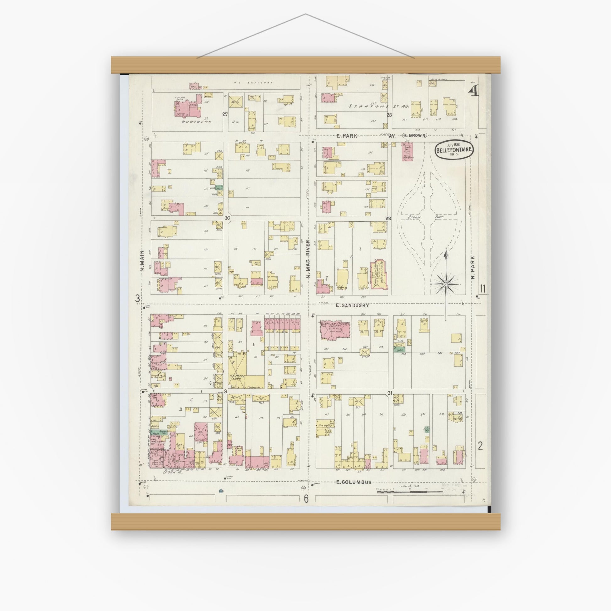Old map wall art mockup — magnetic wood frame on white wall — Sanborn Fire Insurance Map from Bellefontaine, Logan County, Ohio (1896), Sheet #0004