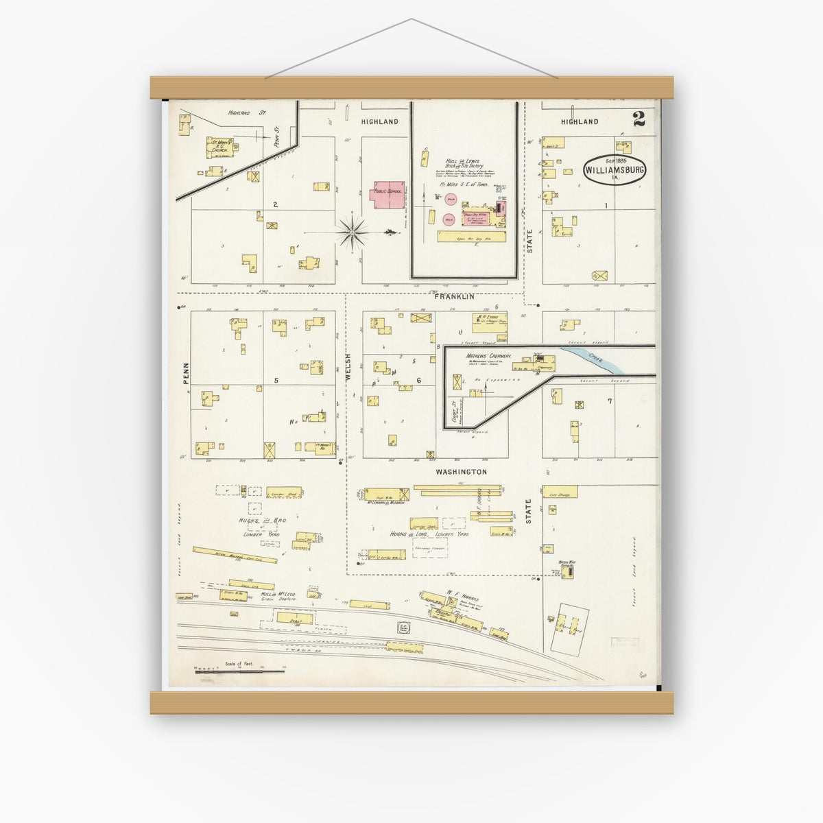 Old map wall art mockup — magnetic wood frame on white wall — Sanborn Fire Insurance Map from Williamsburg, Iowa County, Iowa (1895), Sheet #0002