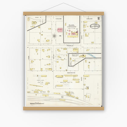 Old map wall art mockup — magnetic wood frame on white wall — Sanborn Fire Insurance Map from Williamsburg, Iowa County, Iowa (1895), Sheet #0002