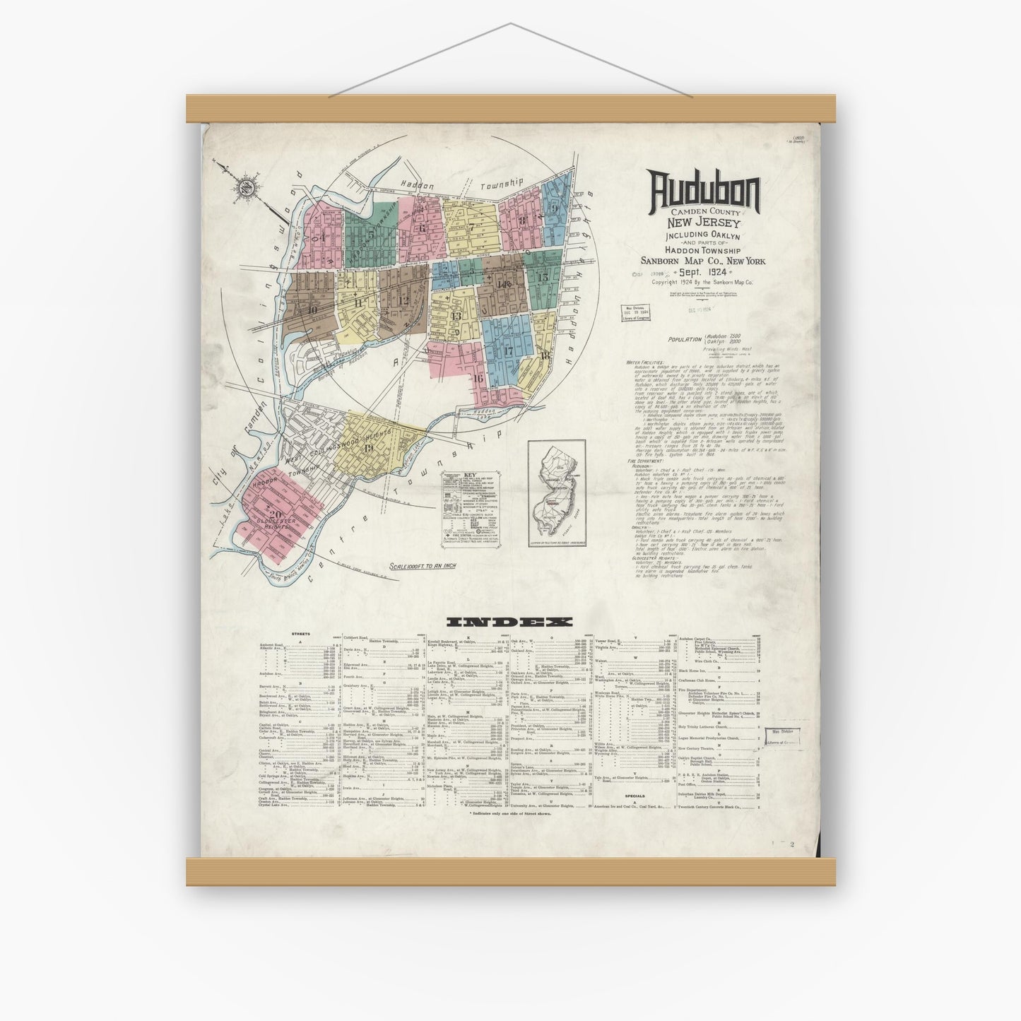 Old map wall art mockup — magnetic wood frame on white wall — Sanborn Fire Insurance Map from Audubon, Camden County, New Jersey (1924), Sheet #0001