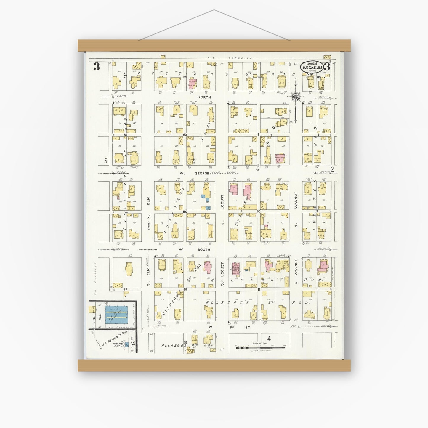 Old map wall art mockup — magnetic wood frame on white wall — Sanborn Fire Insurance Map from Arcanum, Darke County, Ohio (1926), Sheet #0003