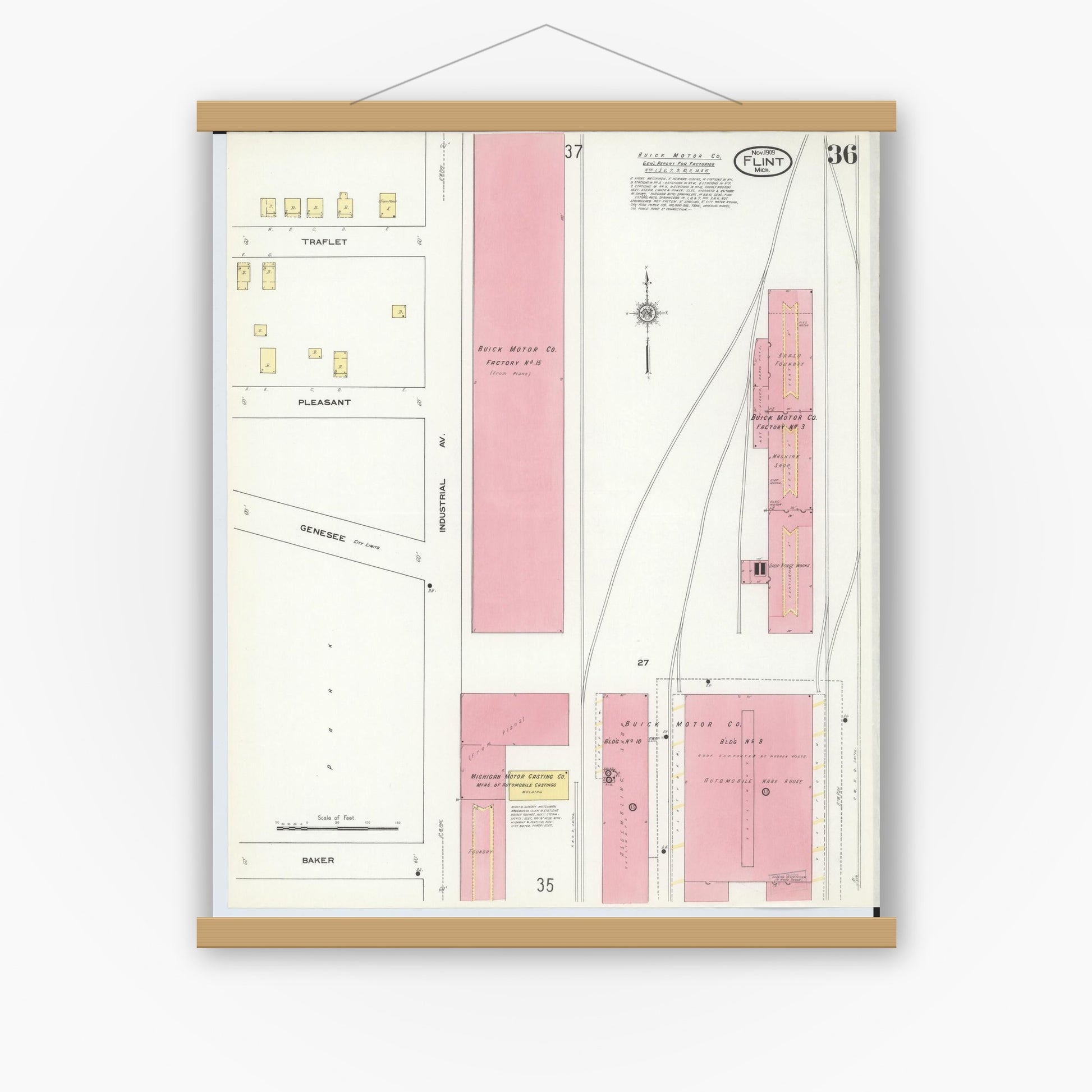 Old map wall art mockup — magnetic wood frame on white wall — Sanborn Fire Insurance Map from Flint, Genesee County, Michigan (1909), Sheet #0036