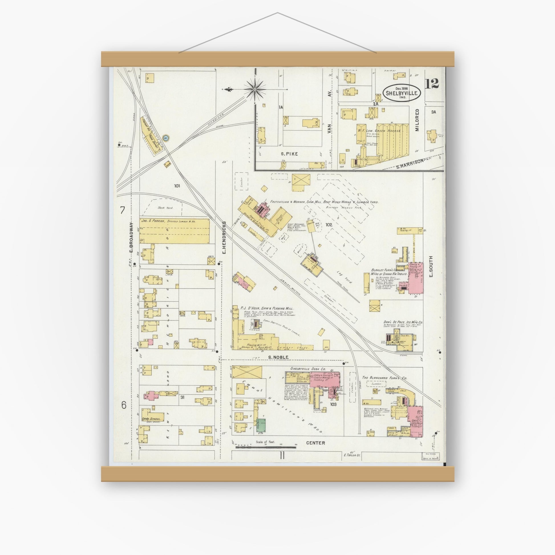 Old map wall art mockup — magnetic wood frame on white wall — Sanborn Fire Insurance Map from Shelbyville, Shelby County, Indiana (1898), Sheet #0012