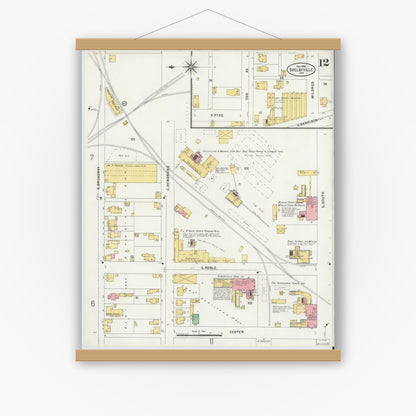 Old map wall art mockup — magnetic wood frame on white wall — Sanborn Fire Insurance Map from Shelbyville, Shelby County, Indiana (1898), Sheet #0012