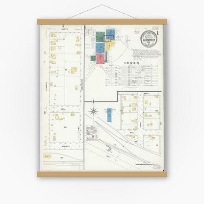 Old map wall art mockup — magnetic wood frame on white wall — Sanborn Fire Insurance Map from Bloomfield, Greene County, Indiana (1907), Sheet #0001