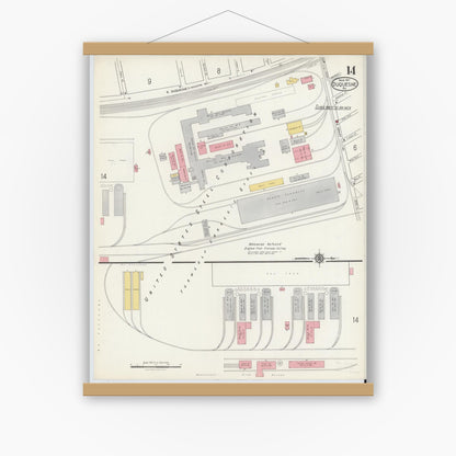 Old map wall art mockup — magnetic wood frame on white wall — Sanborn Fire Insurance Map from Duquesne, Allegheny County, Pennsylvania (1917), Sheet #0014