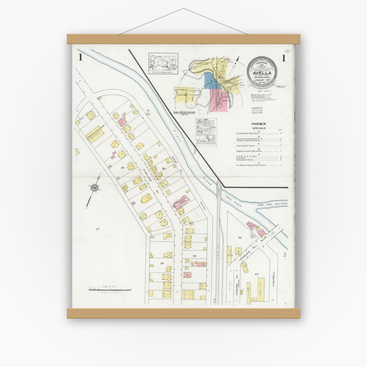 Old map wall art mockup — magnetic wood frame on white wall — Sanborn Fire Insurance Map from Avella, Washington County, Pennsylvania (1927), Sheet #0001