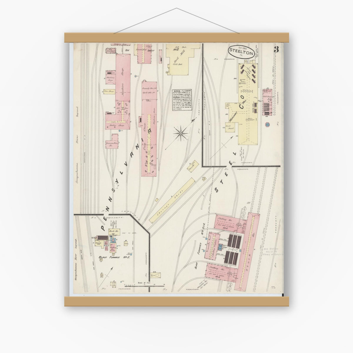 Old map wall art mockup — magnetic wood frame on white wall — Sanborn Fire Insurance Map from Steelton, Dauphin County, Pennsylvania (1884), Sheet #0003