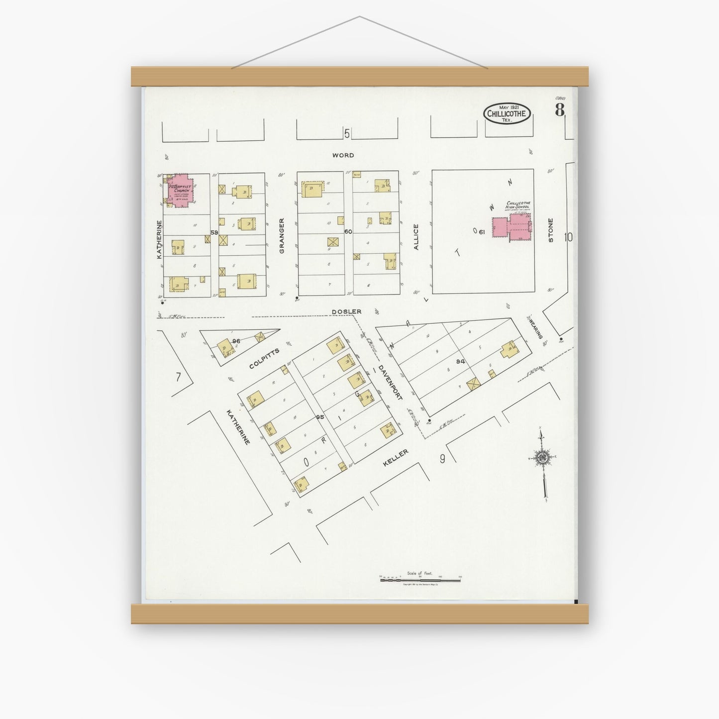 Old map wall art mockup — magnetic wood frame on white wall — Sanborn Fire Insurance Map from Chillicothe, Hardeman County, Texas (1921), Sheet #0008