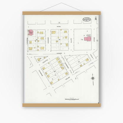 Old map wall art mockup — magnetic wood frame on white wall — Sanborn Fire Insurance Map from Chillicothe, Hardeman County, Texas (1921), Sheet #0008