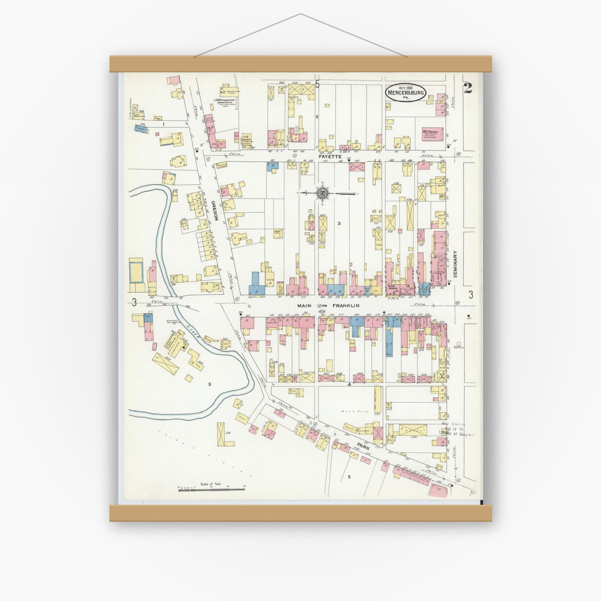 Old map wall art mockup — magnetic wood frame on white wall — Sanborn Fire Insurance Map from Mercersburg, Franklin County, Pennsylvania (1910), Sheet #0002
