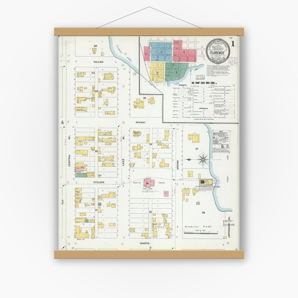 Old map wall art mockup — magnetic wood frame on white wall — Sanborn Fire Insurance Map from Florence, Florence County, Wisconsin (1904), Sheet #0001