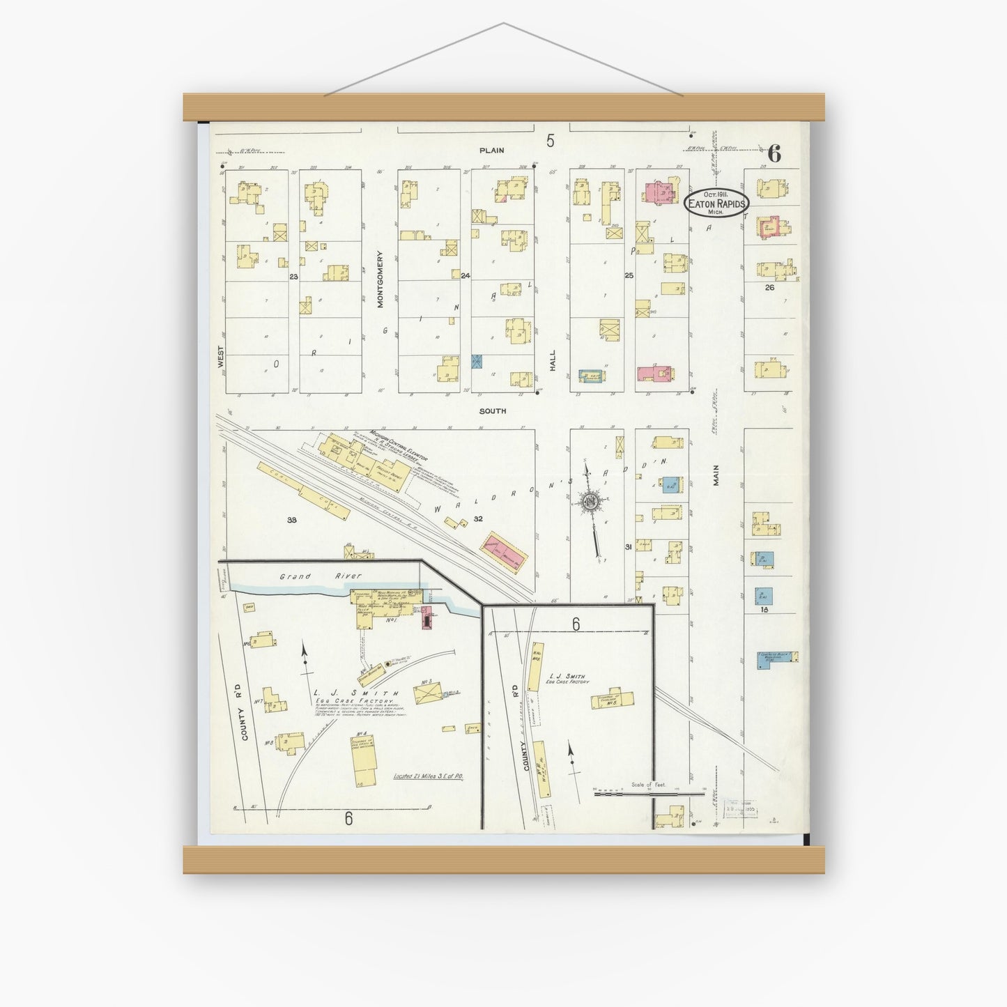 Old map wall art mockup — magnetic wood frame on white wall — Sanborn Fire Insurance Map from Eaton Rapids, Eaton County, Michigan (1911), Sheet #0006