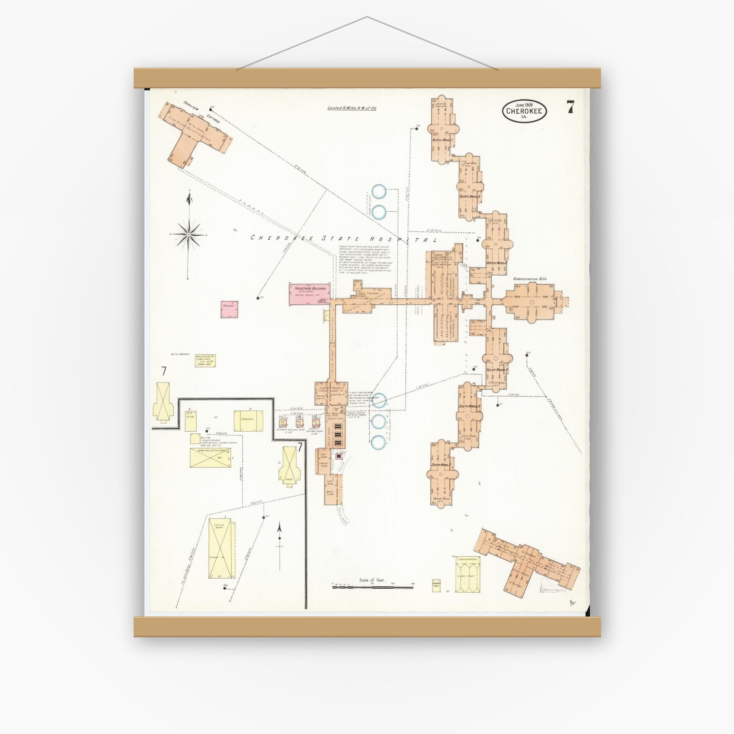 Old map wall art mockup — magnetic wood frame on white wall — Sanborn Fire Insurance Map from Cherokee, Cherokee County, Iowa (1909), Sheet #0007