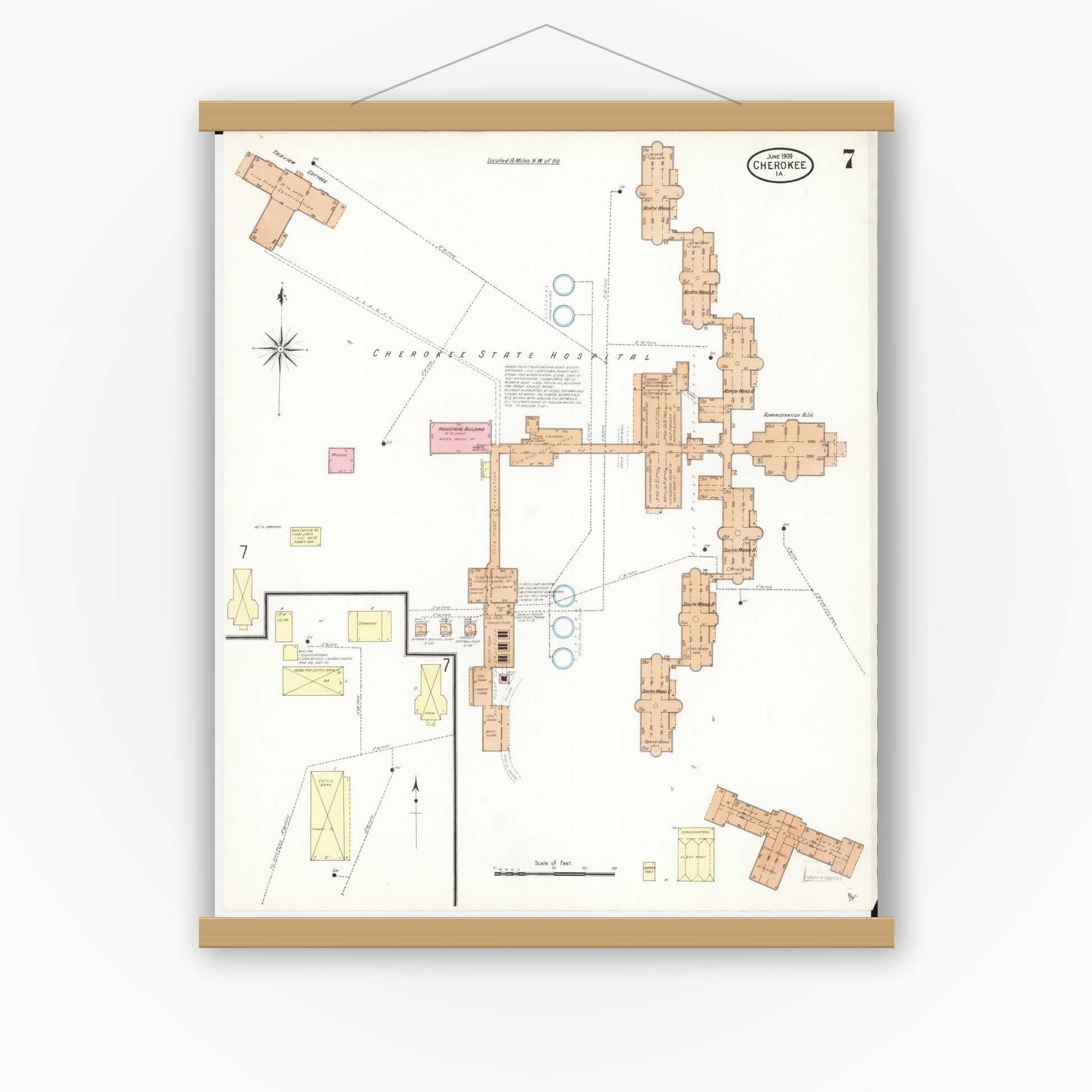 Old map wall art mockup — magnetic wood frame on white wall — Sanborn Fire Insurance Map from Cherokee, Cherokee County, Iowa (1909), Sheet #0007