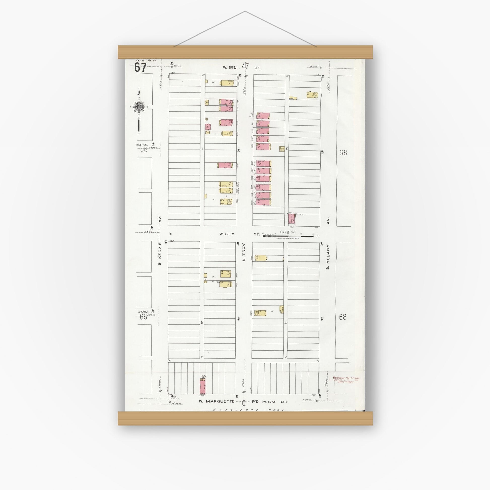 Old map wall art mockup — magnetic wood frame on white wall — Sanborn Fire Insurance Map from Chicago, Cook County, Illinois (1920), Sheet #0067
