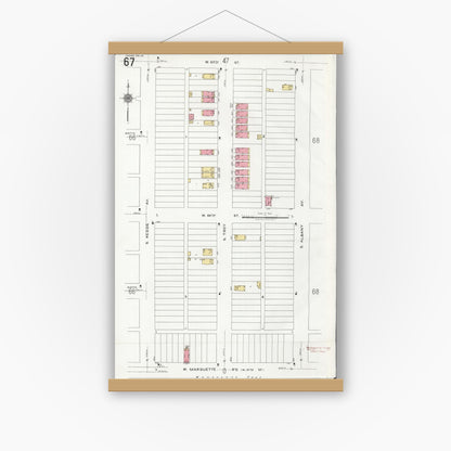Old map wall art mockup — magnetic wood frame on white wall — Sanborn Fire Insurance Map from Chicago, Cook County, Illinois (1920), Sheet #0067
