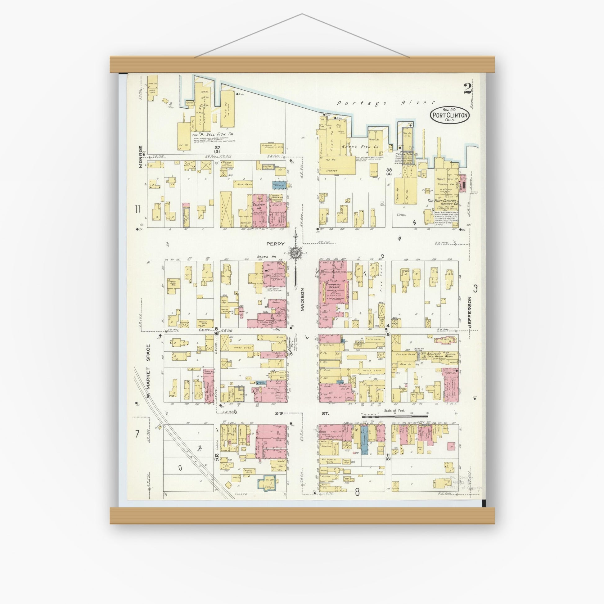 Old map wall art mockup — magnetic wood frame on white wall — Sanborn Fire Insurance Map from Port Clinton, Ottawa County, Ohio (1910), Sheet #0002