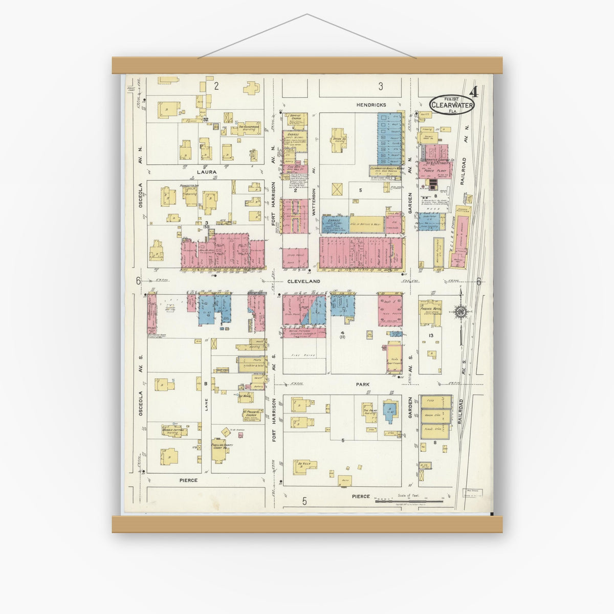 Old map wall art mockup — magnetic wood frame on white wall — Sanborn Fire Insurance Map from Clearwater, Pinellas County, Florida (1917), Sheet #0004