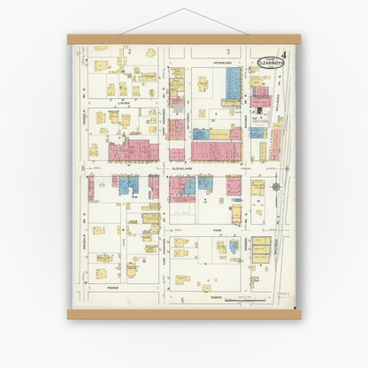 Old map wall art mockup — magnetic wood frame on white wall — Sanborn Fire Insurance Map from Clearwater, Pinellas County, Florida (1917), Sheet #0004