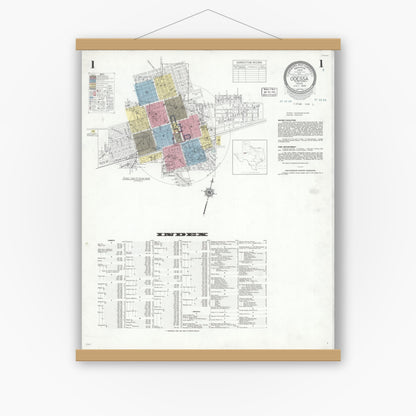 Old map wall art mockup — magnetic wood frame on white wall — Sanborn Fire Insurance Map from Odessa, Edger County, Texas (1939), Sheet #0001
