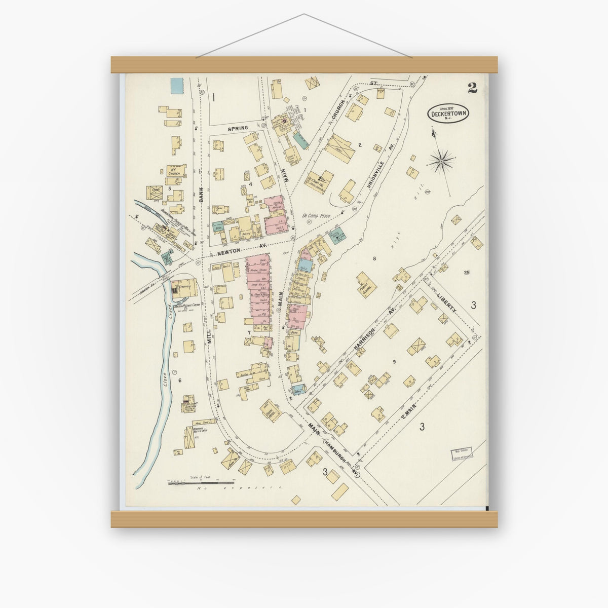 Old map wall art mockup — magnetic wood frame on white wall — Sanborn Fire Insurance Map from Deckertown, Sussex County, New Jersey (1897), Sheet #0002