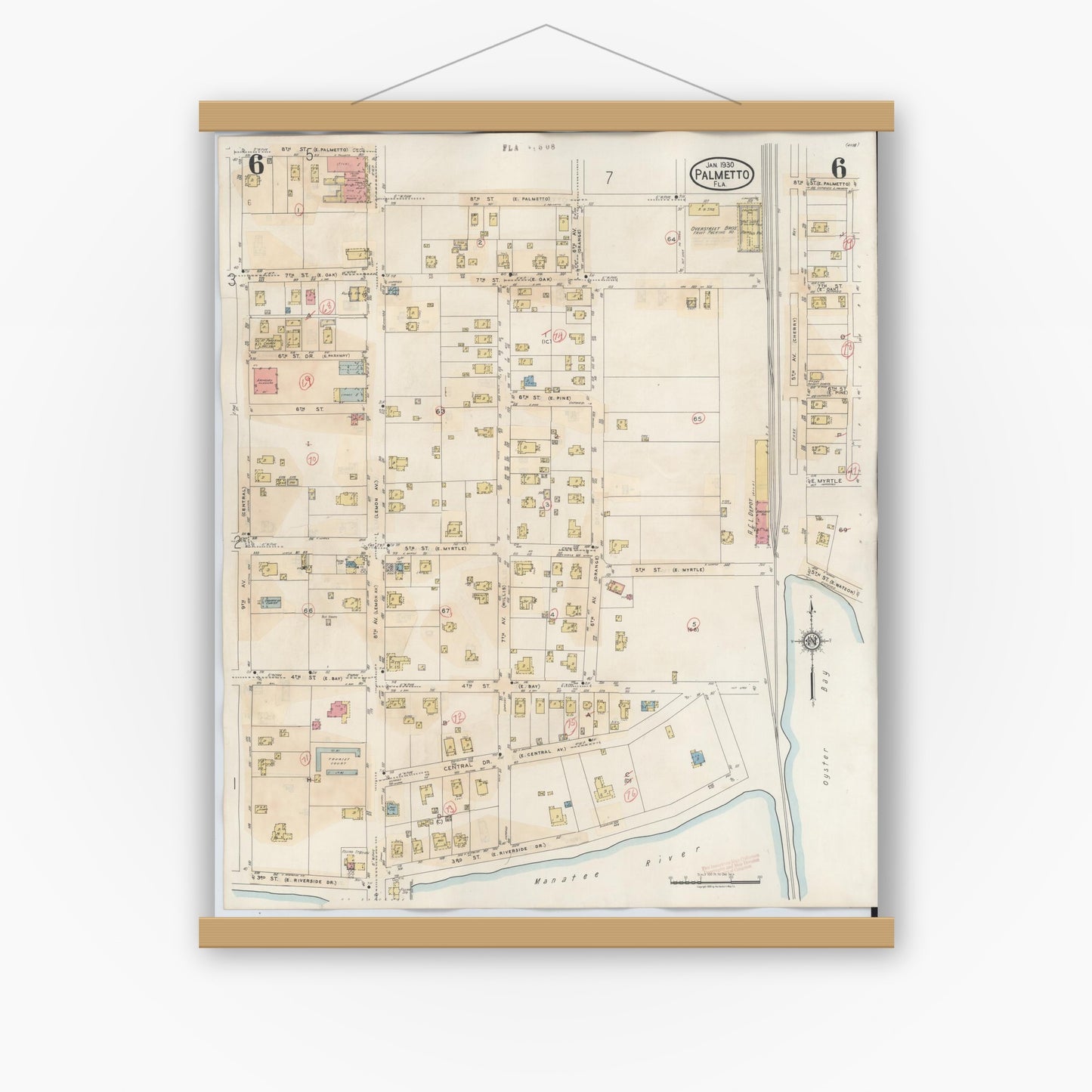 Old map wall art mockup — magnetic wood frame on white wall — Sanborn Fire Insurance Map from Palmetto, Manatee County, Florida (1944), Sheet #0006