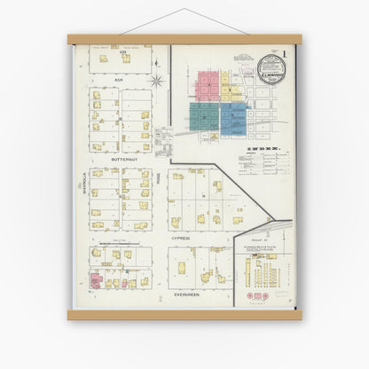 Old map wall art mockup — magnetic wood frame on white wall — Sanborn Fire Insurance Map from Elmwood, Peoria County, Illinois (1893), Sheet #0001