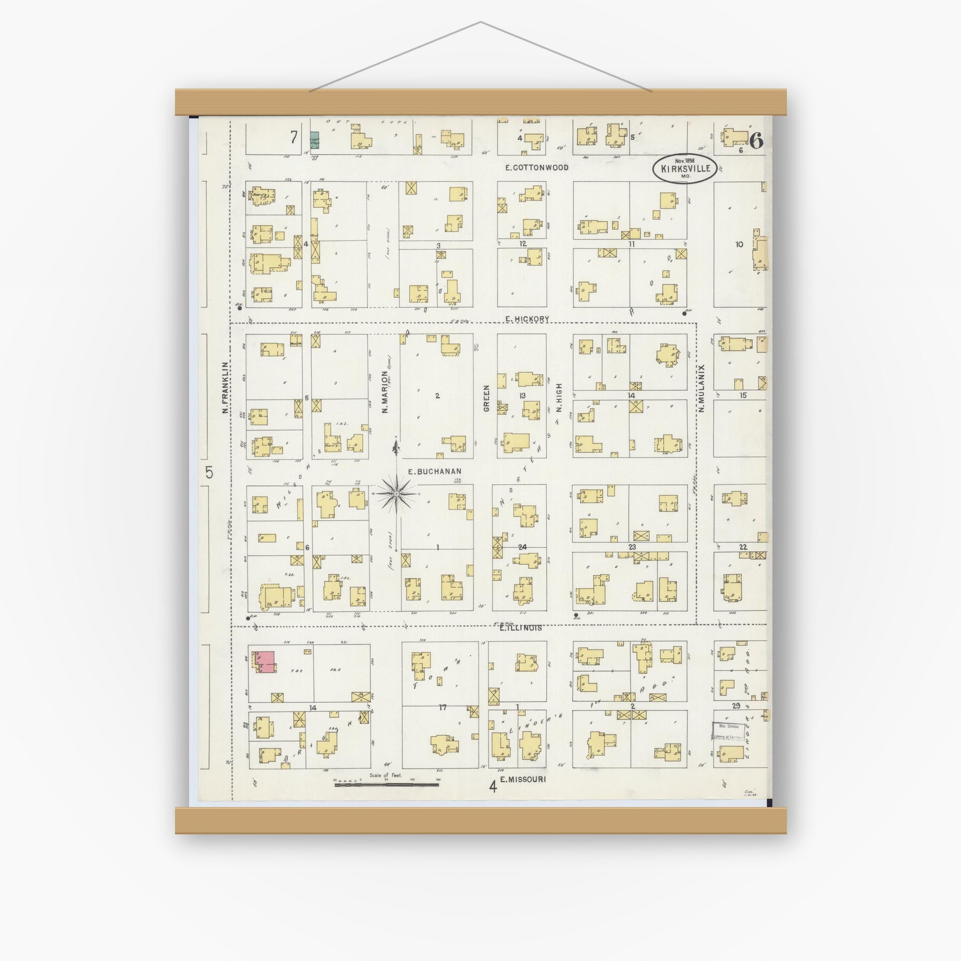 Old map wall art mockup — magnetic wood frame on white wall — Sanborn Fire Insurance Map from Kirksville, Adair County, Missouri (1898), Sheet #0006