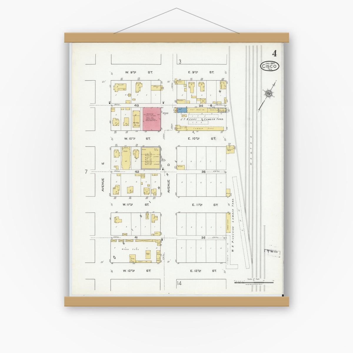Old map wall art mockup — magnetic wood frame on white wall — Sanborn Fire Insurance Map from Cisco, Eastland County, Texas (1920), Sheet #0004