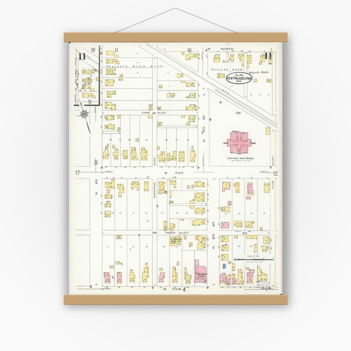 Old map wall art mockup — magnetic wood frame on white wall — Sanborn Fire Insurance Map from New Philadelphia, Tuscarawas County, Ohio (1926), Sheet #0011